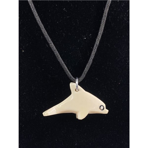 Hand Carved Dolphin Pendant w/ Black String Necklace