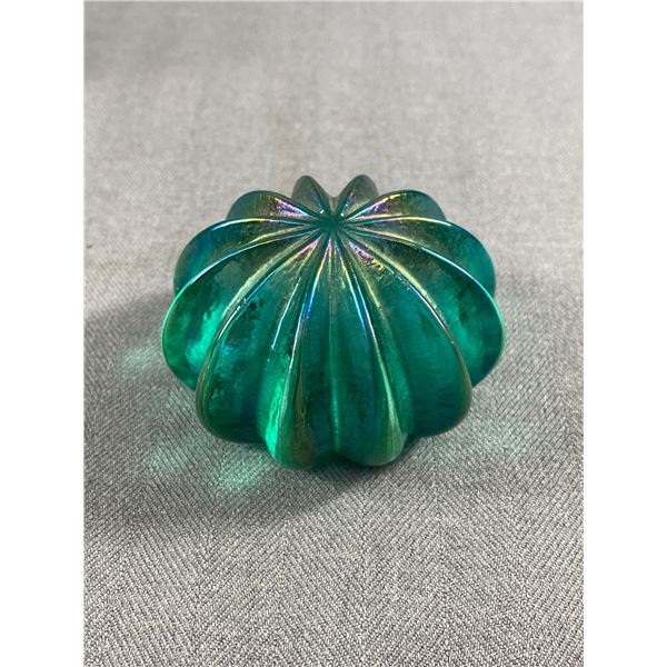 Robert Held Art Glass Sea Urchin Paperweight Iridescent Teal Blue Paper Label Sticker