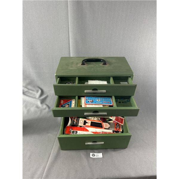 Vintage Carry Case Box w/ Drawers. Includes Contents Of Sewing Supplies. Approx. 14" x 7 1/2" x 14"