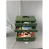 Image 1 : Vintage Carry Case Box w/ Drawers. Includes Contents Of Sewing Supplies. Approx. 14" x 7 1/2" x 14"