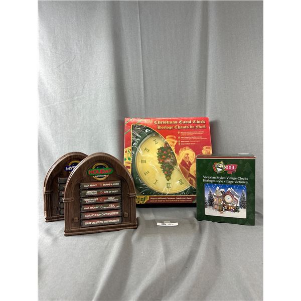 Vintage Christmas Lot - Christmas Carol Clock, Victorian Villiage Clock & Holiday Superstars Christm