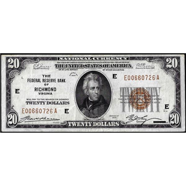 1929 $20 Federal Reserve Bank Note Richmond