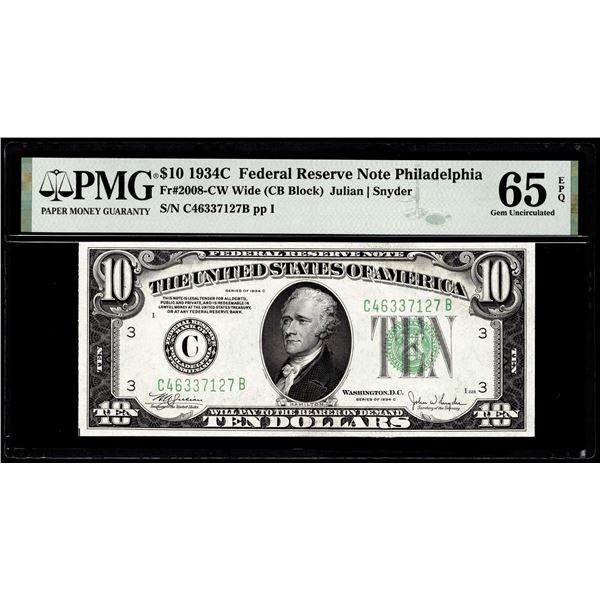 1934C $10 Federal Reserve Note Philadelphia Fr.2008-CW PMG Gem Uncirculated 65EPQ