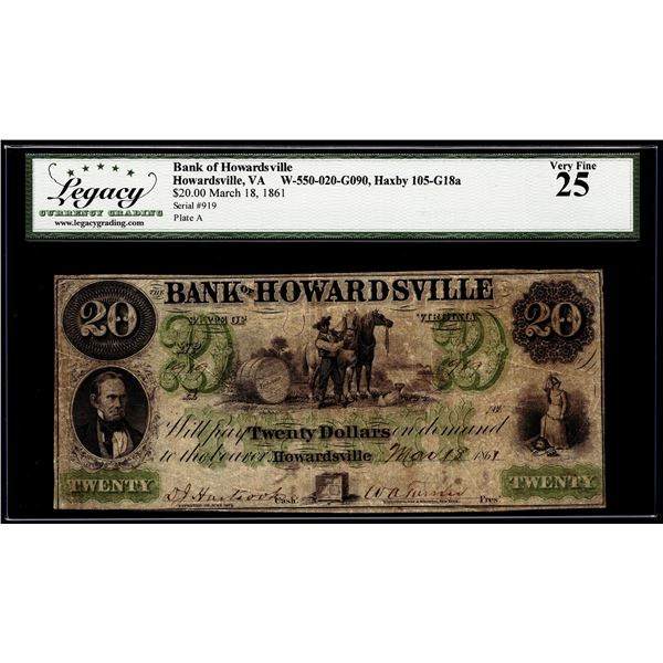 1861 $20 Bank of Howardsville, VA Obsolete Note Haxby 105-G18a Legacy Very Fine 25