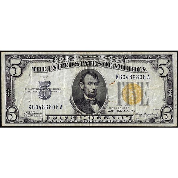 1934A $5 North Africa WWII Emergency Issue Silver Certificate Note