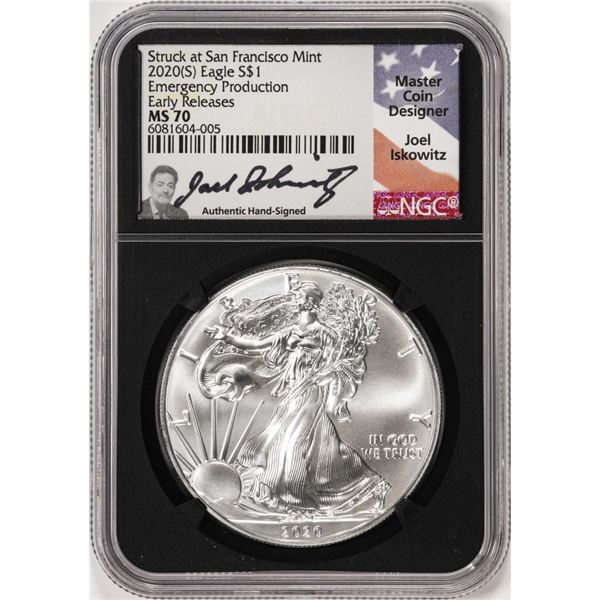 2020(S) $1 American Silver Eagle Coin NGC MS70 Early Releases Iskowitz Signature