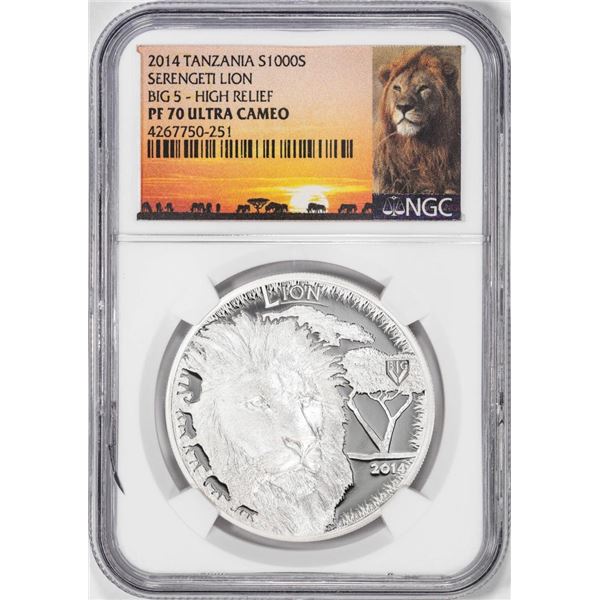 2014 Tanzania 1000 Shillings Serengeti Lion Big 5 HR Silver Coin NGC PF70 Ultra Cameo