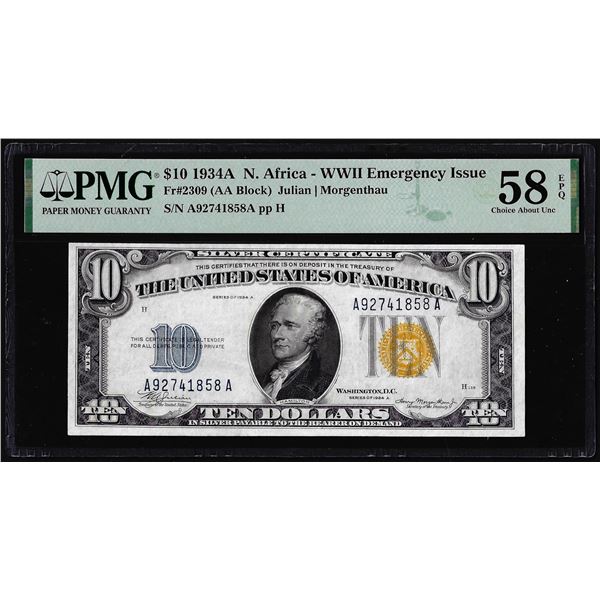 1934A $10 North Africa WWII Silver Certificate Note PMG Ch. About Uncirculated 58EPQ