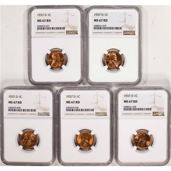 Lot of (5) 1937-D Lincoln Wheat Cent Coins NGC MS67RD