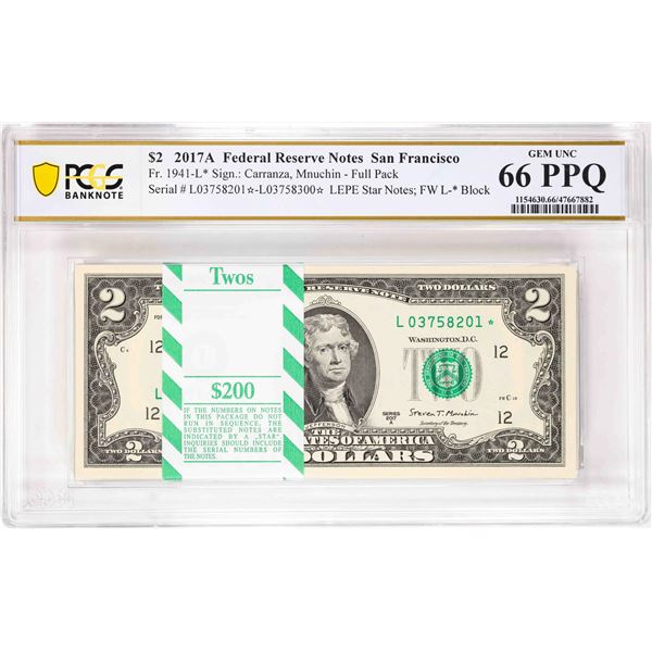 Pack 2017A $2 Federal Reserve STAR Notes SF Fr.1941-L* PCGS Gem Uncirculated 66PPQ