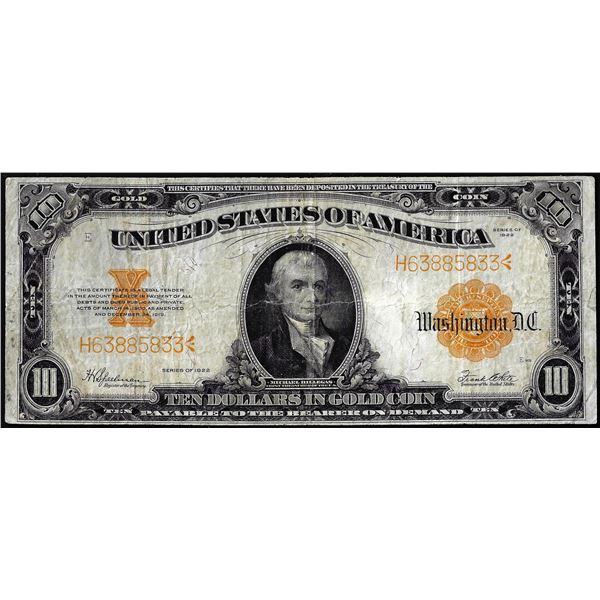 1922 $10 Gold Certificate Note