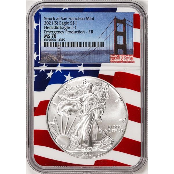 2021(S) Type 1 $1 American Silver Eagle Coin NGC MS70 ER San Francisco Flag Core