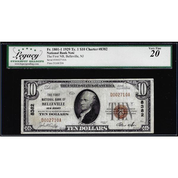 1929 $10 The First NB Belleville, NJ CH# 8382 National Currency Note Legacy VF20