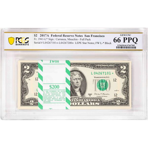 Pack 2017A $2 Federal Reserve STAR Notes SF Fr.1941-L* PCGS Gem Uncirculated 66PPQ