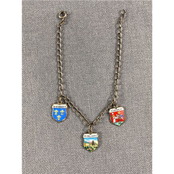 Vintage 800 Silver Enamel Crests Charm Bracelet. Wiensbaden, Heildelberg 7" Original Patina