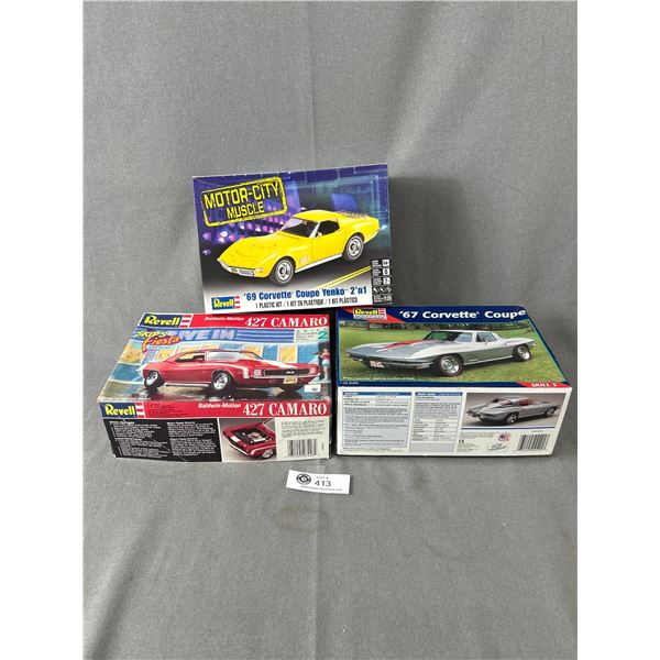 3 Revell Model Kits - 2 Corvettes & 1 Camero