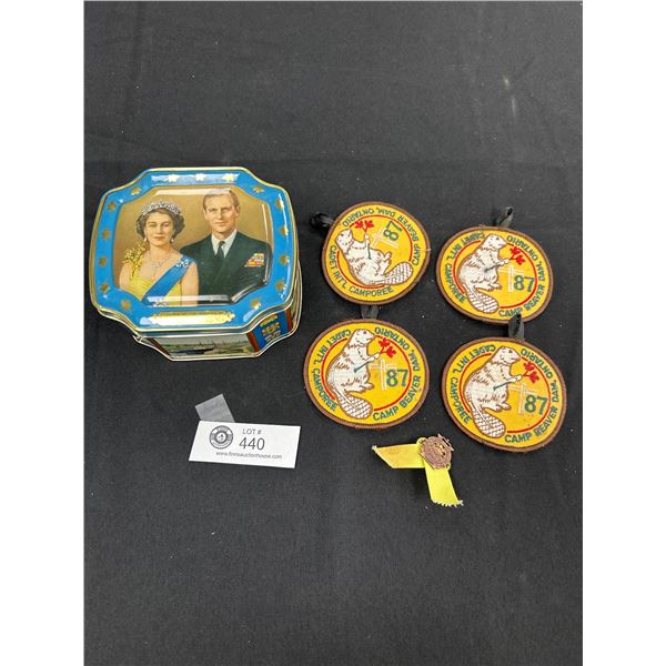 Vintage Royal Coronation Tin with 4 Vintage Patches and 1 Sweetheart Pin Calgary Highlanders