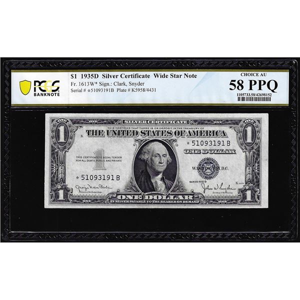 1935D Wide $1 Silver Certificate Star Note Fr.1613W* PCGS Choice About Unc. 58PPQ