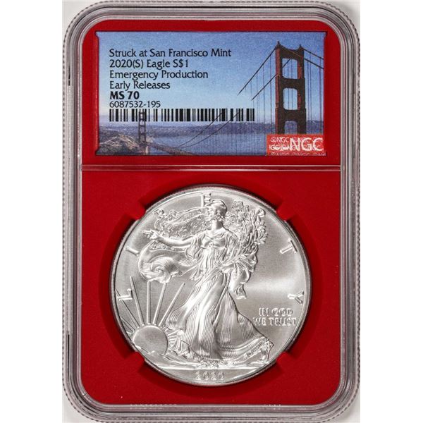 2020(S) $1 American Silver Eagle Coin NGC MS70 Early Releases San Francisco Red Core