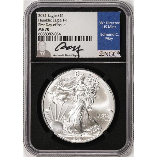 2021 Type 1 $1 American Silver Eagle Coin NGC MS70 First Dat of Issue Moy Signature