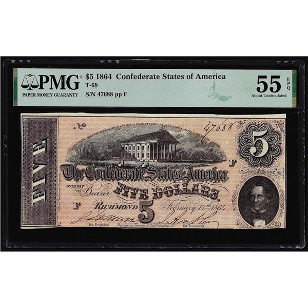 1864 $5 Confederate States of America Note T-69 PMG About Uncirculated 55EPQ