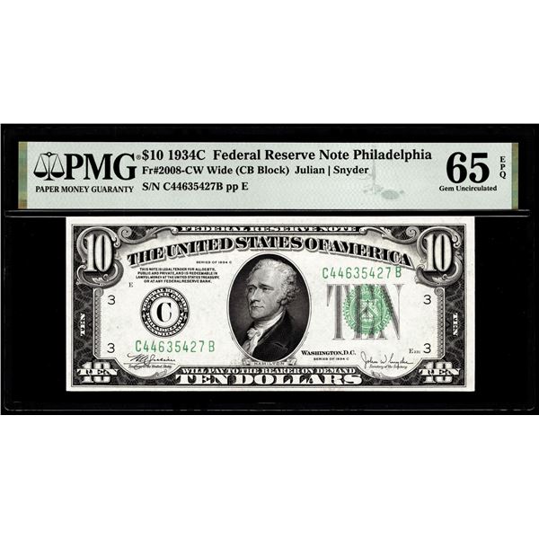 1934C $10 Federal Reserve Note Philadelphia Fr.2008-CW PMG Gem Uncirculated 65EPQ