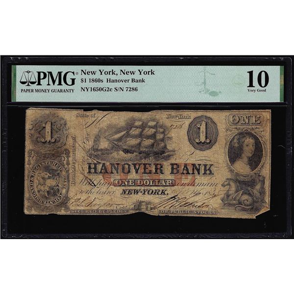 1860s $1 Hanover Bank New York, NY Obsolete Note NY1650G2c PMG Very Good 10