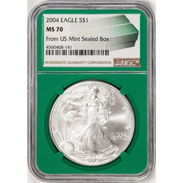 2004 $1 American Silver Eagle Coin NGC MS70 From US Mint Sealed Box Green Core