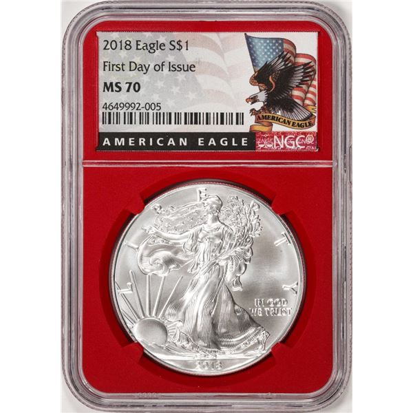 2018 $1 American Silver Eagle Coin NGC MS70 First Day of Issue Red Core