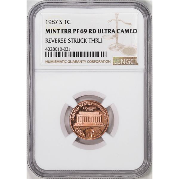 1987-S Lincoln Memorial Cent Coin Mint Error Reverse Struck Thru NGC PF69RD Ultra Cameo