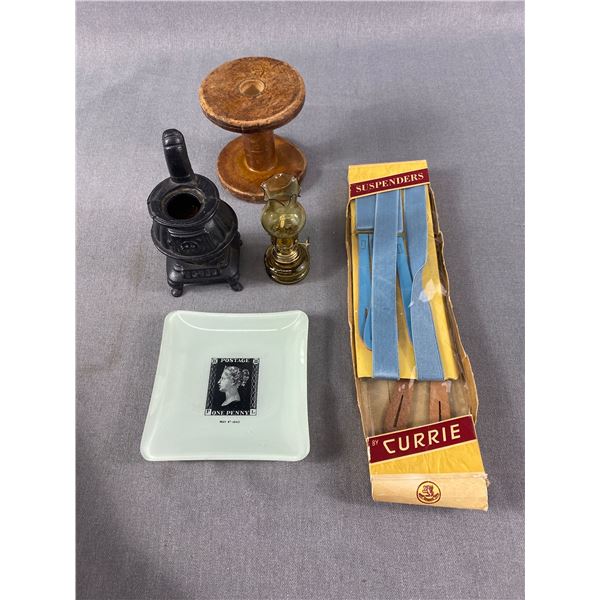 Vintage Collectibles - Suspenders In Original Box, Cast Iron Stove, Mini Oil Lamp, Glass Trinket Tra