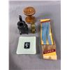 Image 1 : Vintage Collectibles - Suspenders In Original Box, Cast Iron Stove, Mini Oil Lamp, Glass Trinket Tra