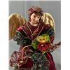 Image 2 : Porcelain Look Tree Top Angel In Burgandy/Red Dresse w/ Gold Trim & Lace Accents. Approx. 12"H