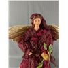 Image 2 : Large Porcelain Looking Angel In Burgundy/Red Dress. Gold Lace & Bead Accents. Approx. 25"H