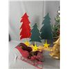 Image 2 : Lot Of Christmas Décor - Ceramic Gold Trees, Wood Trees, Metal Sleigh, Wood Penguins & More