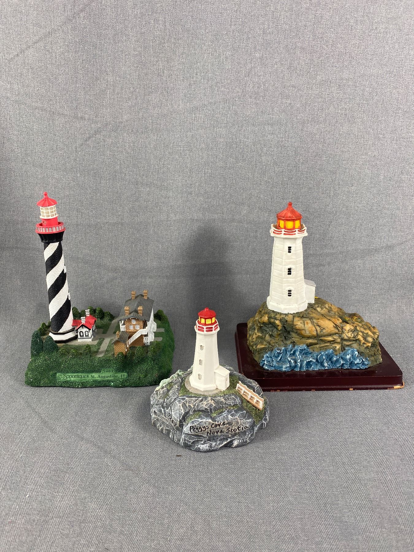 3 Heavy Mini Lighthouses- 1 Peggy's Cove Oneida Studios. 1 Spooniques ...