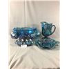 Image 1 : Early 70's Blue Carnival Glass Style Punchbowl w/ Glasses, Pitcher & Ruffle Platter