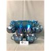 Image 2 : Early 70's Blue Carnival Glass Style Punchbowl w/ Glasses, Pitcher & Ruffle Platter