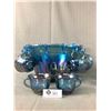 Image 2 : Early 70's Blue Carnival Glass Style Punchbowl w/ Glasses, Pitcher & Ruffle Platter