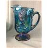 Image 3 : Early 70's Blue Carnival Glass Style Punchbowl w/ Glasses, Pitcher & Ruffle Platter