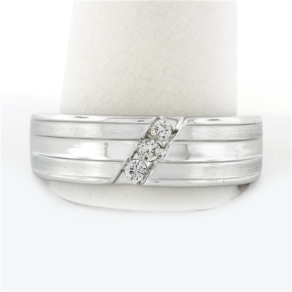 Men's 14k White Gold LEOï¿½ Diamond Diagonal Channel Grooved Wedding Band Ring
