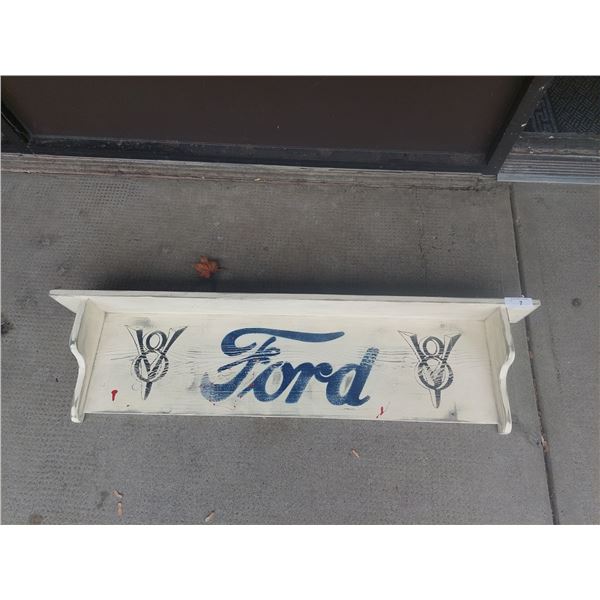 Custom painted Ford V8 wood shelf, 50"x13"x5"