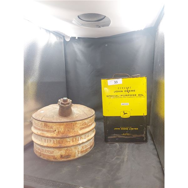 Pair of vintage cans, John Deere & Kralinator