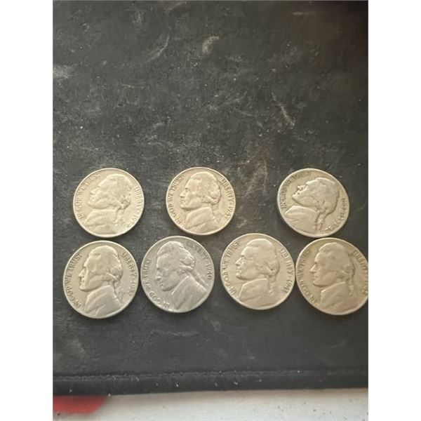 7 Jefferson Nickels 1941-S, 1940-P, 1947-P, 1955-D, 1942-D, 1954-D, 1942-D, 1 Buffalo 1936