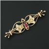 Image 2 : Vintage 14K Yellow Gold Round Blood Red Ruby Foliage Hand Etched Bar Pin Brooch