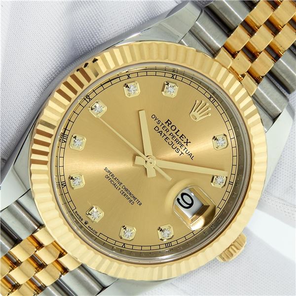 Rolex Mens Factory Champagne Diamond 41 Datejust Wristwatch With Card & Box