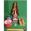 Image 1 : Guest Consignor : Christmas Combo (Tins, Bell & Wood Tree Shelf) (Shelf Measures 23"H) (SEE PICS!)