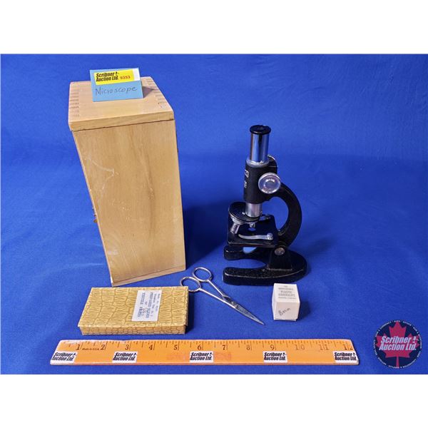 COC 100X 200X 300X Microscope w/Wood Box c. 1950's (Box Measures 8-1/2 ...