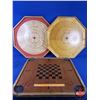 Image 1 : WOODEN GAME BOARDS (3) Crokinole (2) & Multi-Game Checker Board (27"H x 28"W) (SEE PICS!)