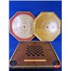 Image 1 : WOODEN GAME BOARDS (3) Crokinole (2) & Multi-Game Checker Board (27"H x 28"W) (SEE PICS!)